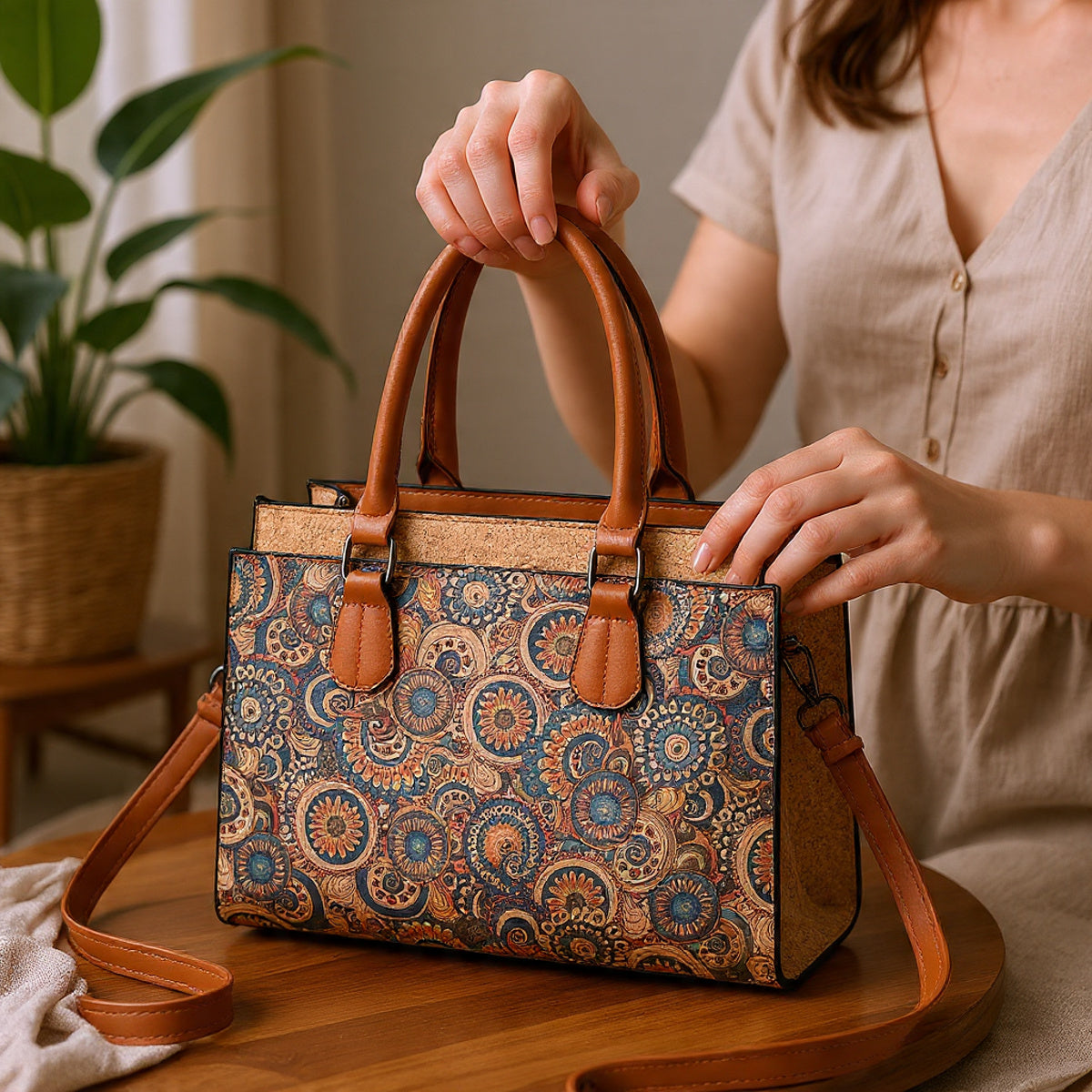 Cork Fabric Handbag, Women’s Natural Cork Bag, Vegan Bag, Eco-Friendly Travel handbag, Large Capacity, Gift for Her, Christmas Offer