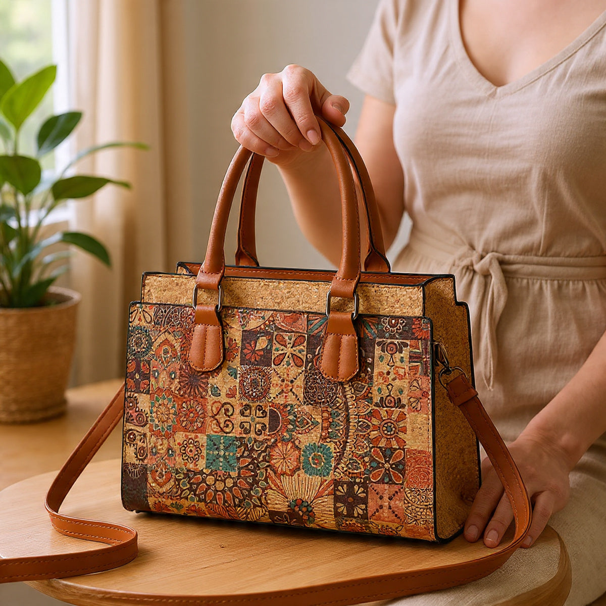 Cork Fabric Handbag, Women’s Natural Cork Bag, Vegan Bag, Eco-Friendly Travel handbag, Large Capacity, Gift for Her, Christmas Offer